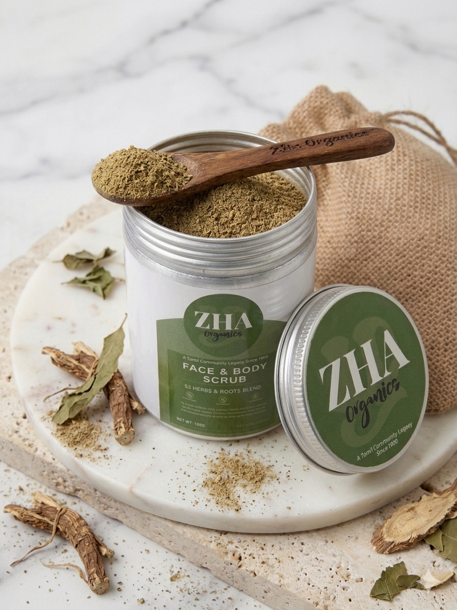 ZHA Organics Face & Body Scrub open jar with wooden spoon