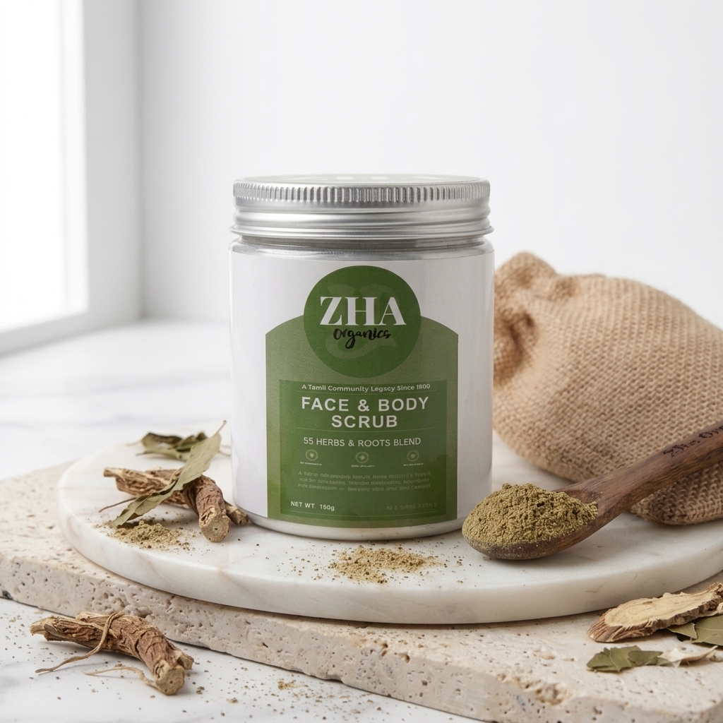 ZHA Organics Face & Body Scrub — surrounded by rose petals and herbs
